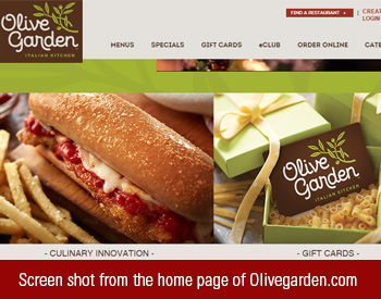 Screen shot from the home page of Olivegarden website