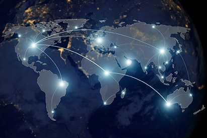 World map showing connection networks