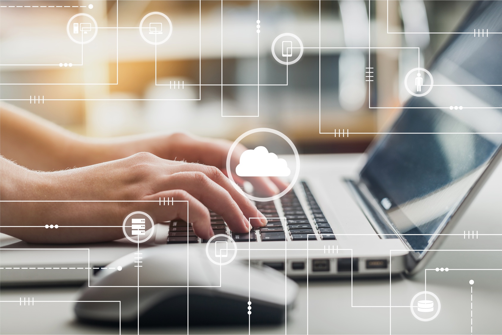 Laptop and mouse. Computer in the cloud