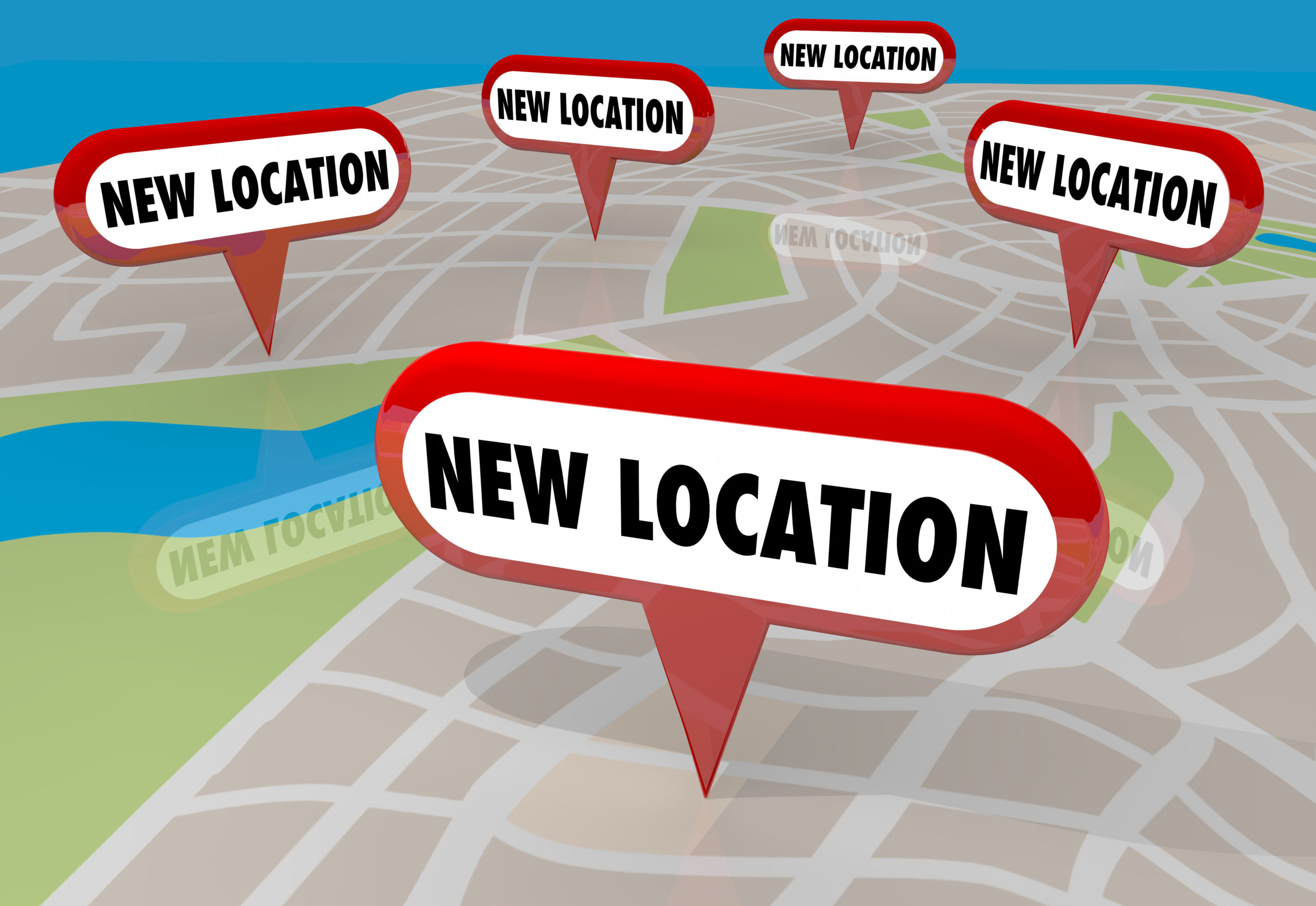 New Location Moving Relocate Moved Map Pins 3d Illustration