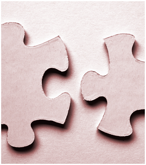 Two jigsaw puzzle pieces next to each other but not yet put together