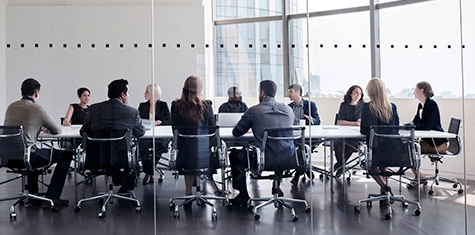 Large group of professionals meeting around a conference table
